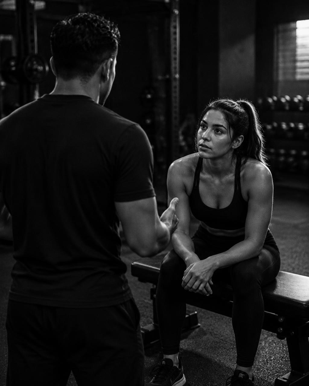Entrenador personal hablando con una clienta en un gimnasio