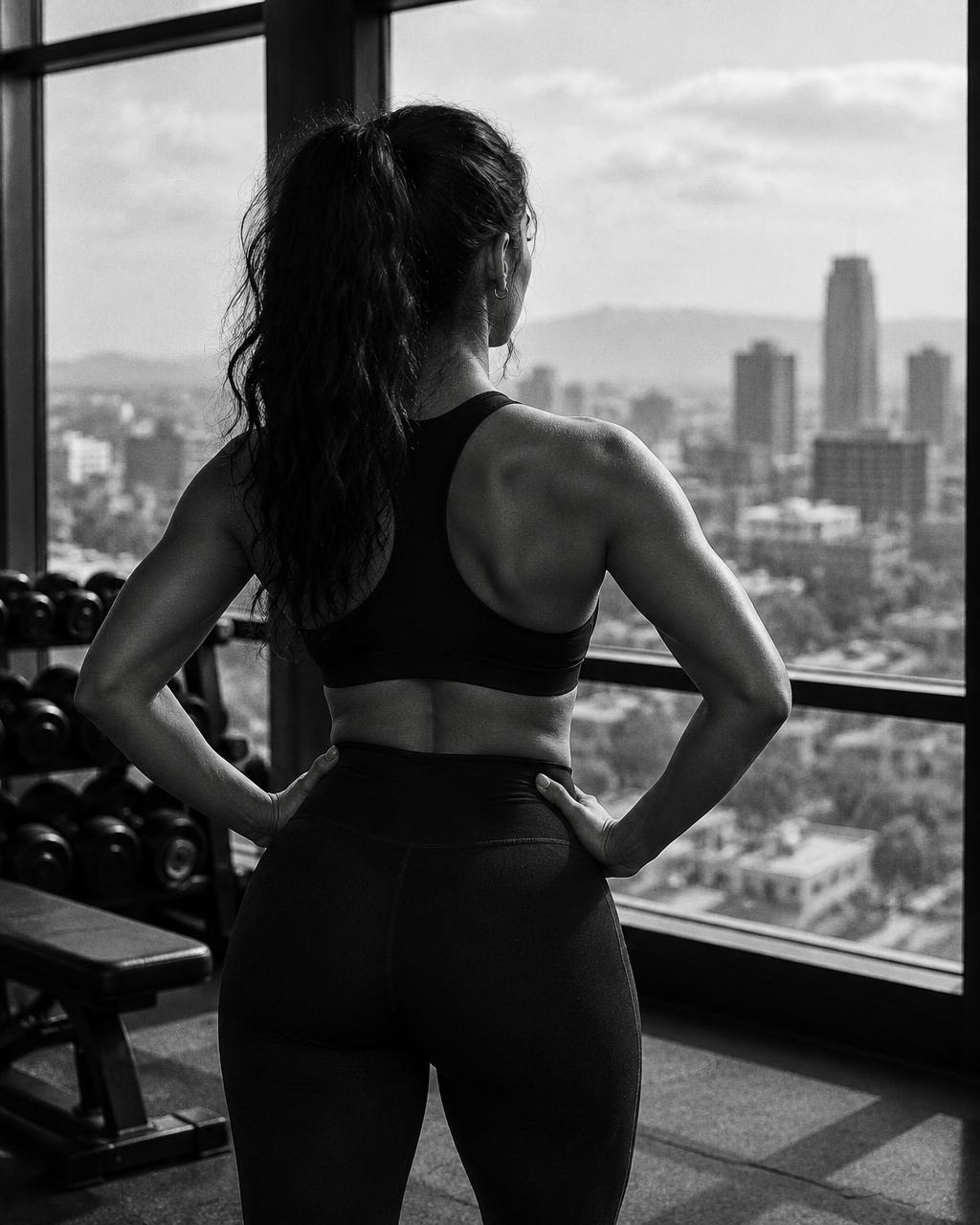 Mujer mirando por el ventanal de un gimnasio